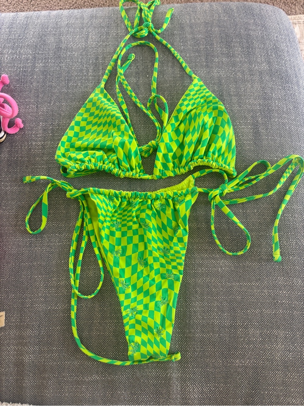 Frankie's Bikinis Morrison neon Green Checker Tie-Side Triangle ganja girl - Picture 3 of 5